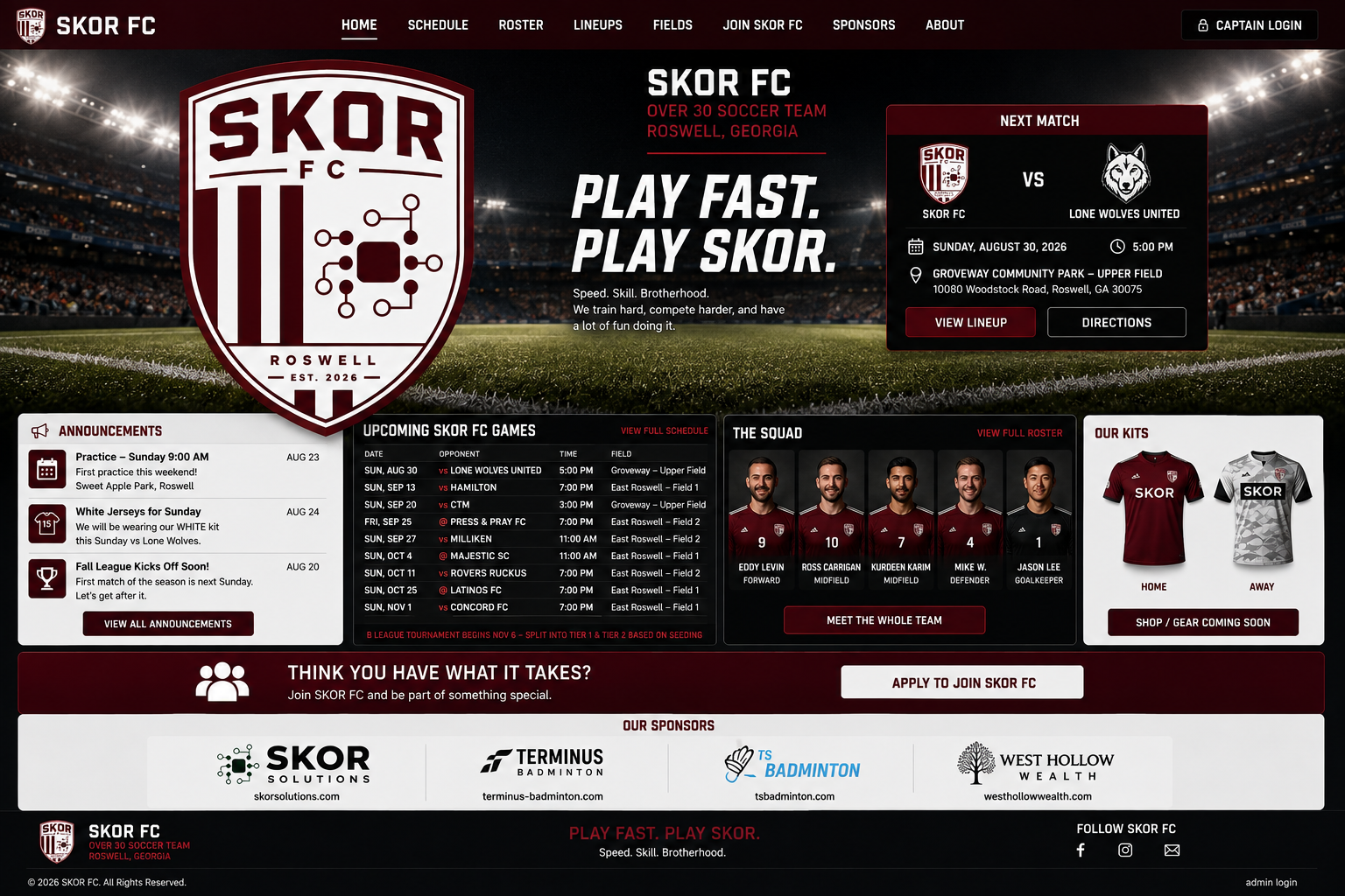 SKOR FC homepage with stadium background, club crest, next match, announcements, schedule, roster, kits, join section, sponsors and footer.